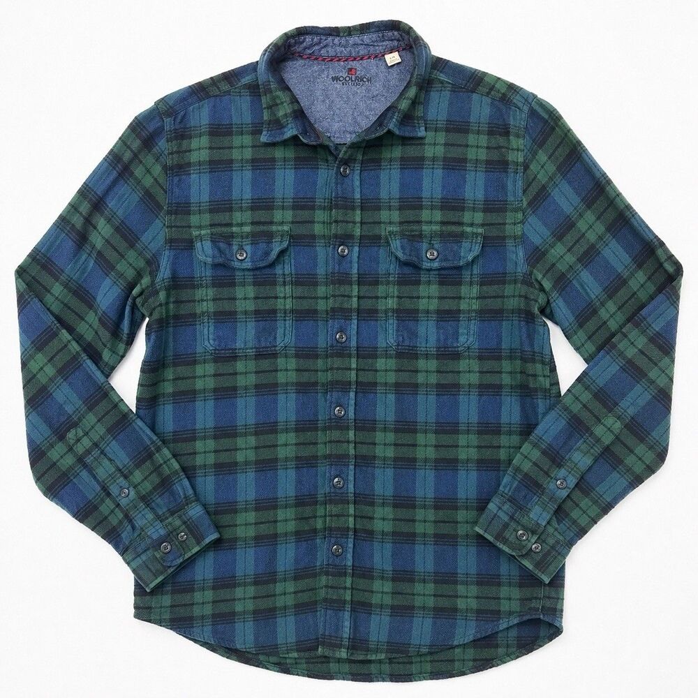 Woolrich Men's Green Blue Plaid Flannel Shirt L 100% Cotton Button Down